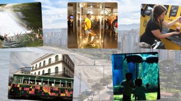 montagem mostra a praia e na frente outras atrações de santos #paratodosverem