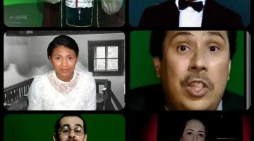 O artistas que fazem os personagens estão em tela. Do alto para baixo, à esquerda, Brás Cubas, Maria Patrícia, Saturnino de Brito. À dir. Quintino de Lacerda, Benedicto Calixo e Patrícia Galvão. #paratodosverem