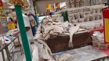 pedaços de peixe expostos em mercado #paratodosverem 