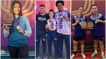 três fotos com atletas segurando medalhas e troféus #paratodosverem