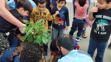 adultos e crianças agachados plantando árvore #paratodosverem