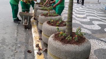 jardineiros trabalham nos vasos da praça #paratodosverem