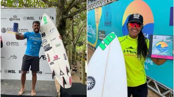 dois atletas segurando prancha e troféu #paratodosverem