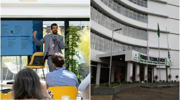 homem falando no microfone e apontando para telão e ao lado imagem da fachada do prédio do parque tecnológico #paratodosverem