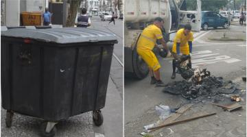 imagem do contetor e imagem de duas pessoas tirando cinzas de contentor incinerado #paratodosverem