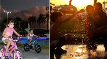duas imagens, uma duas crianças andando de bicicleta e na outra criança e mãe com criança de colo brincando em fonte #paratodosverem