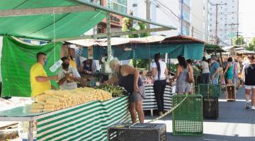 varias barracas e consumidores em feira #paratodosverem