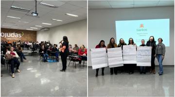 palestrante falando em classe cheia e mulheres segurando cartazes com telão ao fundo #paratodosverem