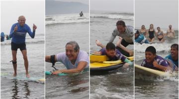 Berço do surfe, Santos usa o esporte para transformar vida de idosos e pessoas com deficiência