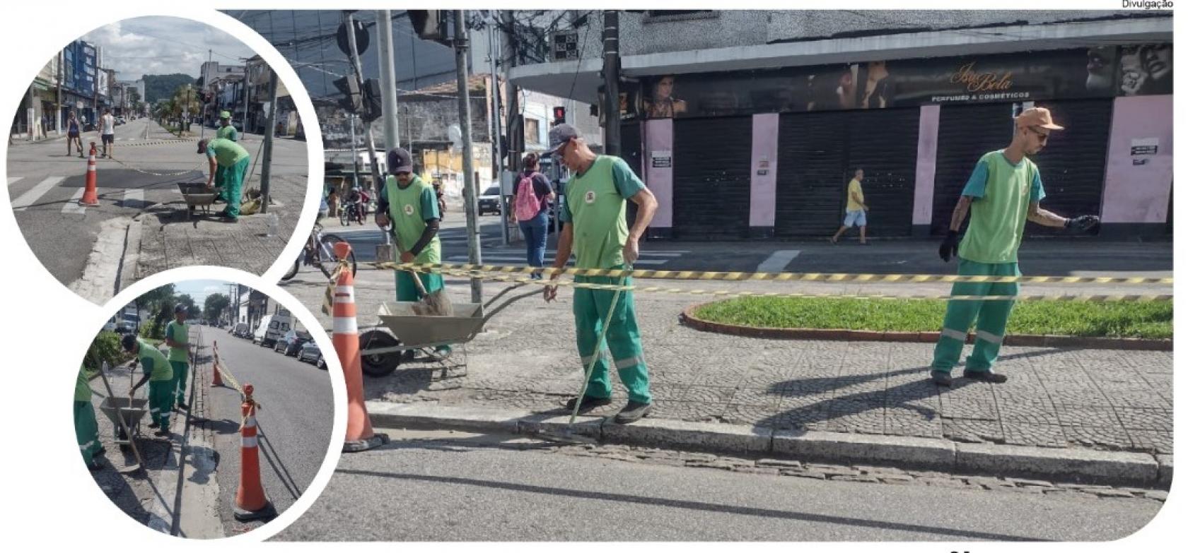 funcionários atuando em calçada #paratodosverem
