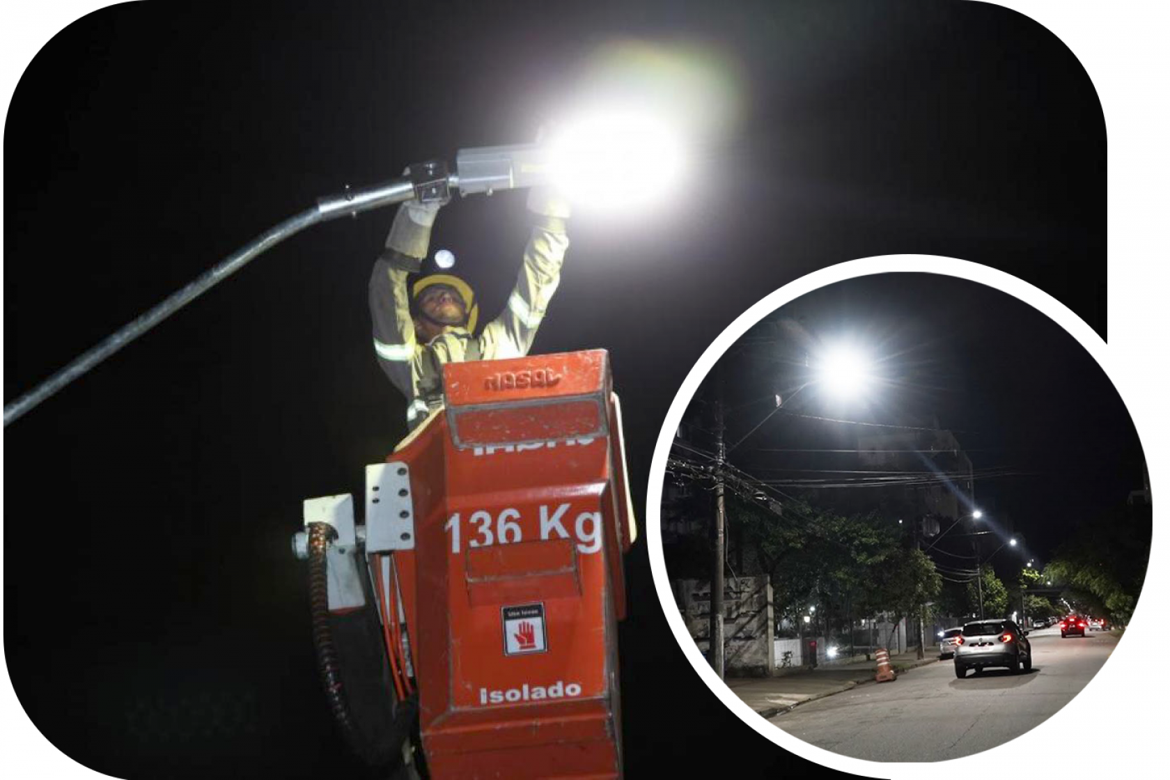 montagem mostra operário instalando luz e rua iluminada #paratodosverem 