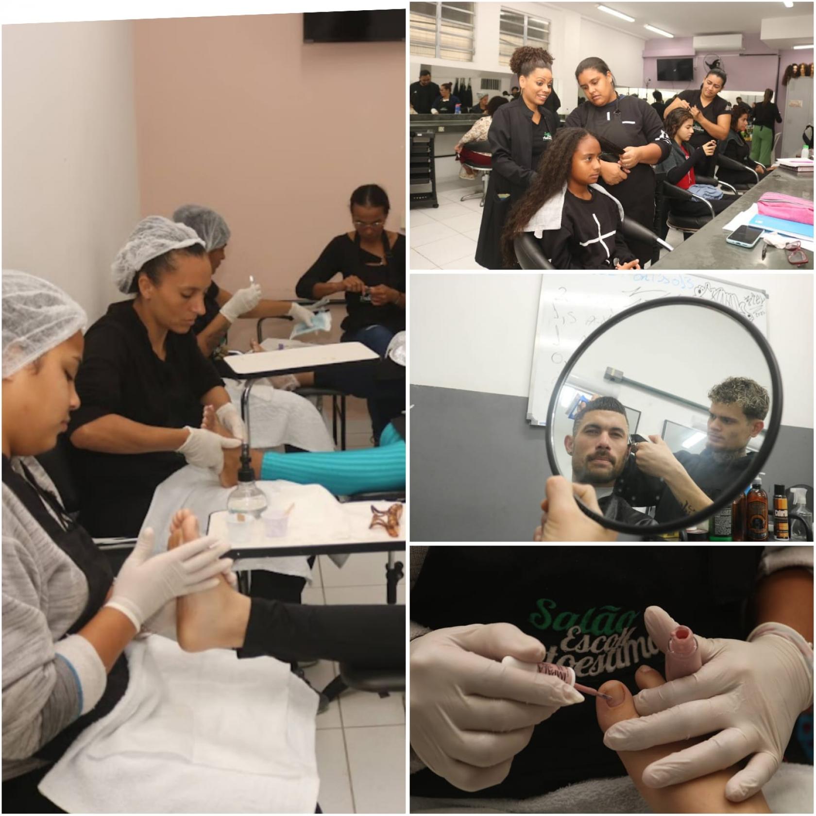 alunos em ação em trabalhos de cabelereiro e manicure #paratodosverem