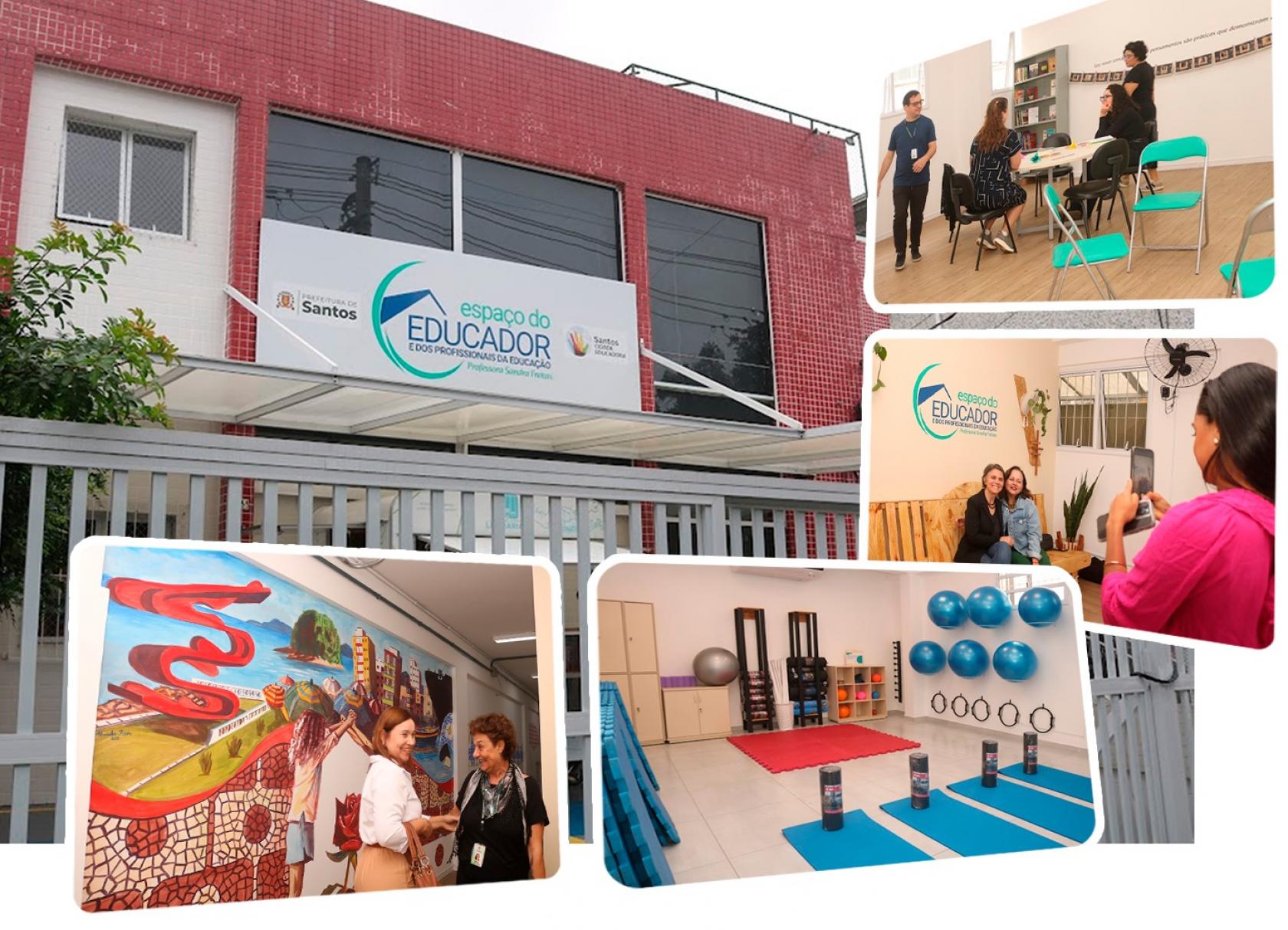 montagem mostra fachada e interior do espaço #paratodosverem