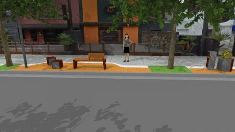 Ilustração de rua com banco, pufe e árvore. #Paratodosverem