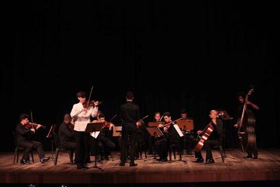 Violinista toca de pé, vestido de camisa branca, ao lado de maestro de costas e demais músicos sentados. #pracegover