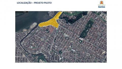 Imagem aérea com destaque para o local onde ficará o projeto #paratodosverem