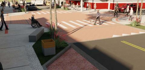 ilustração de rua com calçada, banco, lixeira, faixa de pedestres, pista. #paratodosverem