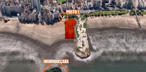 mapa com o emissário submarino em rimeiro plano e uma faixa em vermelho demonstrando o local reservado. #paratodosverem