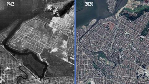 fotos aéreas comparando a área em 1962 e 2020 #paratodosverem