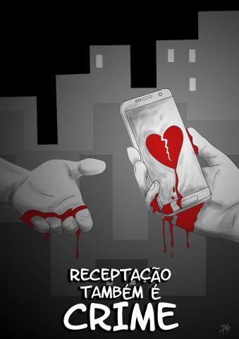 Obra de Bar, com duas mãos estendidas. A da esquerda está manchada de sangue. A da direita segura um aparelho celular com a imagem de um coração partido na tela, cujo sangue também escorre para fota do telefone. #paratodosverem