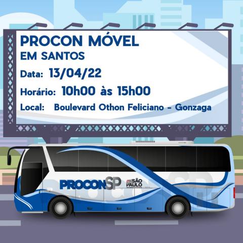 Arte com ônibus com slogan do procon e texto na parte superior anunciando o evento no bulevar da rua othon feliciano