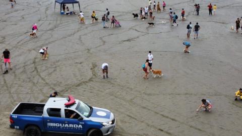 viatura da guarda municipal em primeiro plano na imagem aérea, com cães e tutores espalhados pela areia. #paratodosverem