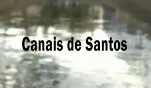 Canais de Santos. Título está escrito sobre a imagem da água dos canais. #paratodosverem