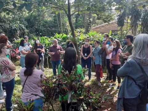 grupo de pessoas está em torno de uma árvore num gramado. #paratodosverem