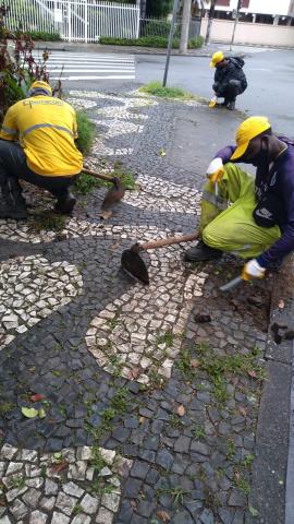 Homens tiram mato de calçada #paratodosverem