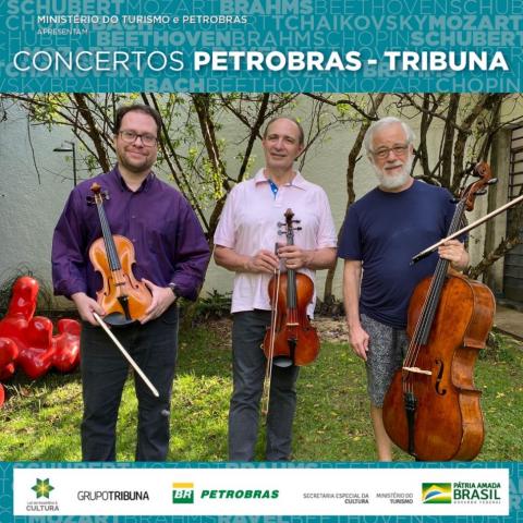 cartaz de divulgação com com três músicos segurando seus respectivos instrumentos: violino, viola e violoncelo. #paratodosverem