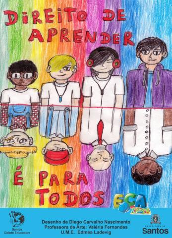 capa de caderno  tem quatro jovens e a inscrição direito de aprender #paratodosverem