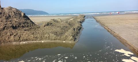 fluxo d'água passa em faixa de canal junto à areia da praia. O mar está ao fundo. #paratodosverem