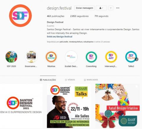 Página em rede social com as informações do Santos Design Festival. #pracegover 