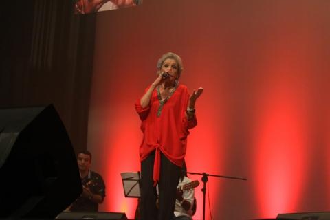 Elenira canta no palco. #paratodosverem