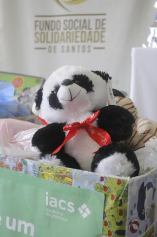 Ursinho de pelúcia em caixa de doação #paratodosverem