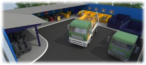 modelo de ecoponto, com caminhões em área aberta e pneus e contentores sob área coberta. #paratodosverem