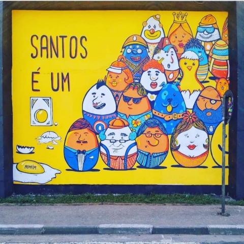 Arte escrita Santos é um ovo e varias pessoas em formato de ovo #paratodosverem