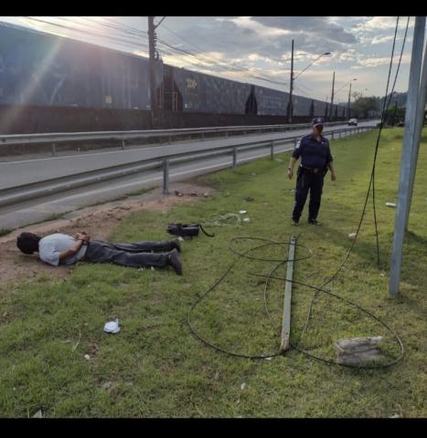 Homem já dominado está deitado em gramado no canteiro central. Guarda municipal está ao fundo. #paratodosverem