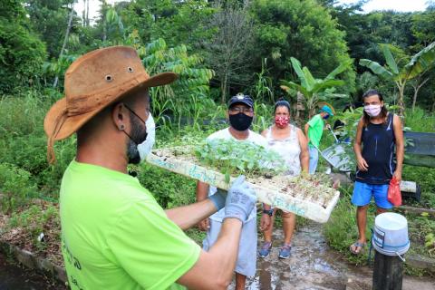 Homem segura bloco com pequenas mudas de plantas. Ao fundo várias pessoas em meio ao verde. #Paratodosverem