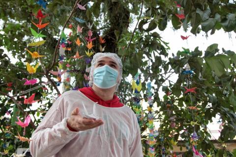 Enfermeiro com máscara segura origami embaixo de árvore. #paratodosverem
