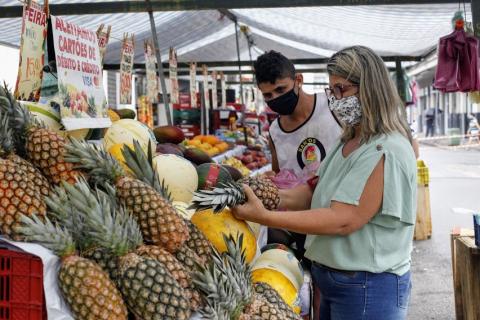 mulher olha frutas em barraca #paratodosverem 