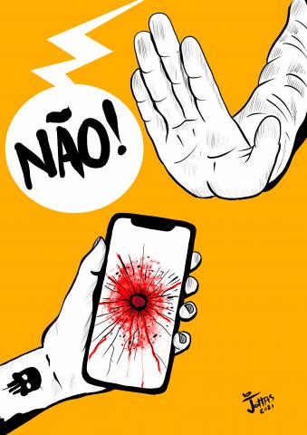 Desenho feito por Jottas. Uma mão segura um celular com a marca de um tiro na tela e sangue. Outra mão faz um gesto negativo diante do aparelho. Ao lado, está a palavra não, seguida de uma exclamação. #paratodosverem