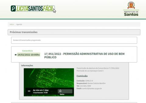 Print de tela da página LicitaSantos por onde serão feitas as transmissões. #pratodosverem