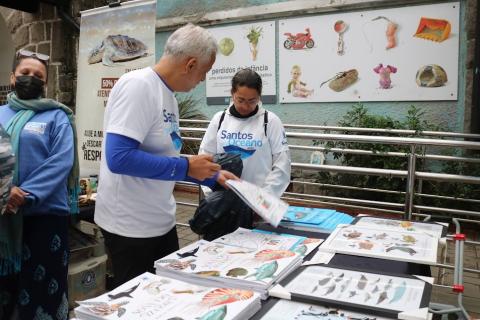 livros sobre a mesa com painel de animais marinhos ao fundo. #paratodosverem