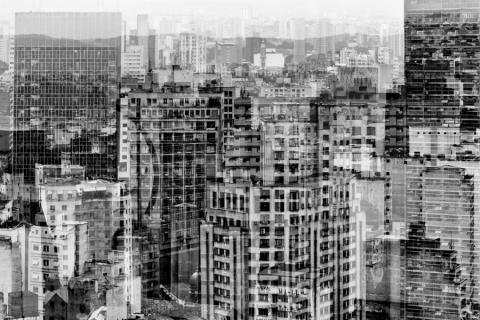 imagens de prédios sobrepostas em preto e branco. #paratodosverem