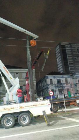 caminhão cesto está parado em avenida, próximo a palmeira. #paratodosverem 