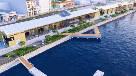 Perspectiva do Parque Valongo com a futura revitalização dos armazéns 3 (atualmente em obras) e 2 (em projeto)