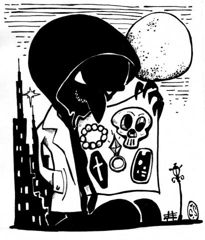 Arte de Paulo Stockler em preto e branco, com a figura a morte usando um capuz e abrindo o paleto, em cuja parte interna se vê um celular, joias, uma caveira e uma cruz. #paratodosverem