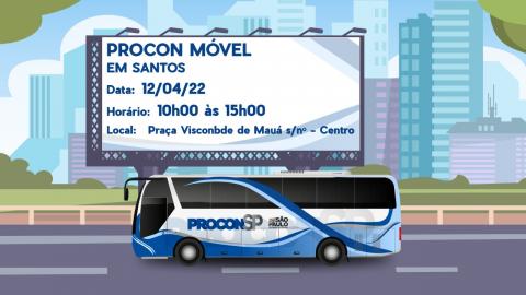 Arte com ônibus com slogan do procon e texto na parte superior anunciando o evento no bulevar da praça mauá 