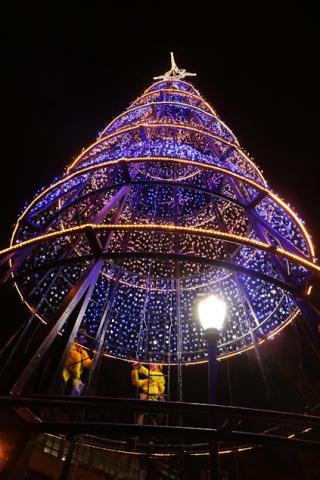 preparação de grande árvore de natal com efeitos luminosos. #paratodosverem